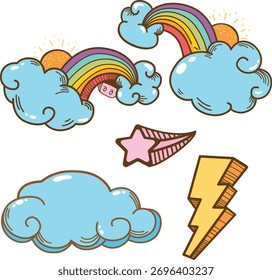 Lindo arco iris, nubes y trueno dibujos animados Doodle dibujado a mano