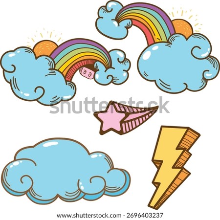cute rainbow, clouds and thunder cartoon doodle hand drawn