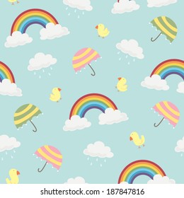 Cute Rainbow, Clouds, Umbrella and Birds Seamless Background Pattern