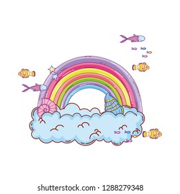 cute rainbow with clouds undersea scene