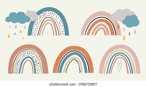 Cute rainbow and clouds vector illustration set.