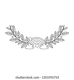 cute rainbow with clouds and wreath
