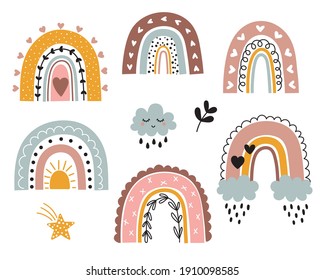 Cute rainbow collection with leaves and cloud, isolated on white background. Perfect for baby shower, birthday, childrens party, summer holiday, clothing prints. Vector illustration.