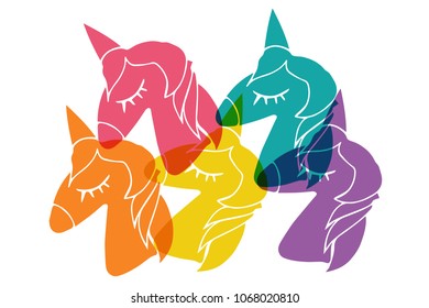 Cute Rainbow Color Set Collection of Unicorn Horse Animal Fantasy Dream. Flat Line Icon, Sign, Symbol Isolated Background. Graphic Design Abstract Art, Elements, Vector Illustration EPS 10