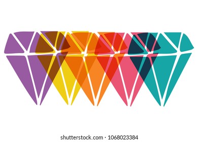 Cute Rainbow Color Set Collection of Diamond Crystal Gem Fashion Jewelry. Flat Line Icon, Sign, Symbol Isolated Background. Graphic Design Abstract Art, Elements, Vector Illustration EPS 10