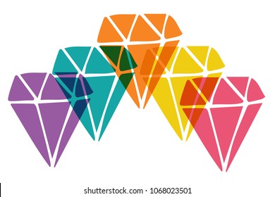 Cute Rainbow Color Set Collection of Diamond Crystal Gem Fashion Jewelry. Flat Line Icon, Sign, Symbol Isolated Background. Graphic Design Abstract Art, Elements, Vector Illustration EPS 10