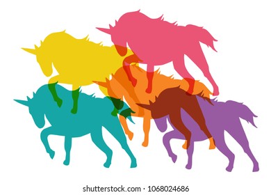 Cute Rainbow Color Set Collection of Unicorn Horse Animal Fantasy Dream. Flat Line Icon, Sign, Symbol Isolated Background. Graphic Design Abstract Art, Elements, Vector Illustration EPS 10