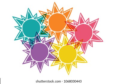 Cute Rainbow Color Set Collection of Sun Sunlight Heat Hot Summer Sunshine. Flat Line Icon, Sign, Symbol Isolated Background. Graphic Design Abstract Art, Elements, Vector Illustration EPS 10