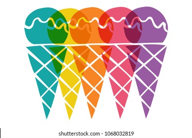 Cute Rainbow Color Set Collection of Summer Ice Cream Sweet Dessert Food. Flat Line Icon, Sign, Symbol Isolated Background. Graphic Design Abstract Art, Elements, Vector Illustration EPS 10