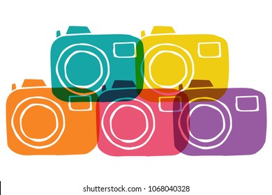 Cute Rainbow Color Set Collection of Camera Technology Photography Photo Picture. Flat Line Icon, Sign, Symbol Isolated Background. Graphic Design Abstract Art, Elements, Vector Illustration EPS 10