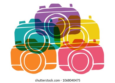 Cute Rainbow Color Set Collection of Camera Technology Photography Photo Picture. Flat Line Icon, Sign, Symbol Isolated Background. Graphic Design Abstract Art, Elements, Vector Illustration EPS 10