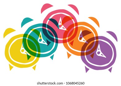Cute Rainbow Color Set Collection of Clock Hour Minute Time Alarm Business. Flat Line Icon, Sign, Symbol Isolated Background. Graphic Design Abstract Art, Elements, Vector Illustration EPS 10