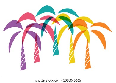 Cute Rainbow Color Set Collection of Summer Palm Tree Tropical Nature Plant. Flat Line Icon, Sign, Symbol Isolated Background. Graphic Design Abstract Art, Elements, Vector Illustration EPS 10