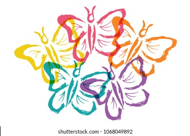 Cute Rainbow Color Set Collection of Butterfly Insect Nature with Wings. Flat Line Icon, Sign, Symbol Isolated Background. Graphic Design Abstract Art, Elements, Vector Illustration EPS10
