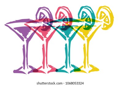 Cute Rainbow Color Set Collection of Cup Beverage Wine, Alcohol, Cocktail. Flat Line Icon, Sign, Symbol Isolated Background. Graphic Design Abstract Art, Elements, Vector Illustration EPS10