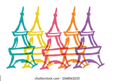 Cute Rainbow Color Set Collection of French Paris City Tower Landmark Travel. Flat Line Icon, Sign, Symbol Isolated Background. Graphic Design Abstract Art, Elements, Vector Illustration EPS10