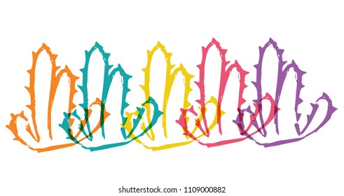 Cute Rainbow Color Set Collection of Mexican Cactus Succulent Cacti. Flat Line Icon, Sign, Symbol Isolated Background. Graphic Design Abstract Art, Elements, Vector Illustration EPS10