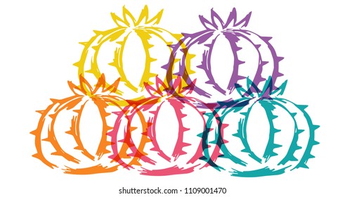 Cute Rainbow Color Set Collection of Mexican Cactus Succulent Cacti. Flat Line Icon, Sign, Symbol Isolated Background. Graphic Design Abstract Art, Elements, Vector Illustration EPS10