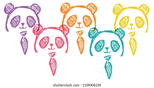 Cute Rainbow Color Set Collection of Cute Panda Animal. Flat Line Icon, Sign, Symbol Isolated Background. Graphic Design Abstract Art, Elements, Vector Illustration EPS10