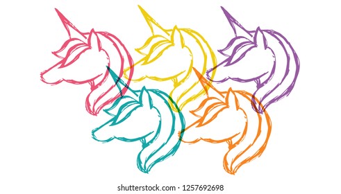 Cute Rainbow Color Set Collection of Unicorn Horse Horn Fantasy Magic. Flat Line Icon, Sign, Symbol Isolated Background. Graphic Design Abstract Art, Elements, Vector Illustration EPS 10 - Vector