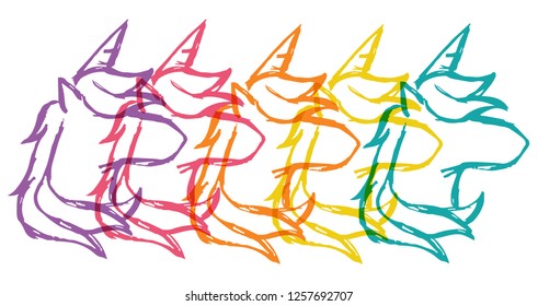 Cute Rainbow Color Set Collection of Unicorn Horse Horn Fantasy Magic. Flat Line Icon, Sign, Symbol Isolated Background. Graphic Design Abstract Art, Elements, Vector Illustration EPS 10 - Vector