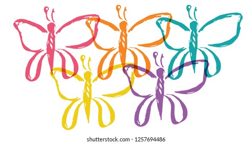 Cute Rainbow Color Set Collection of Beautiful Butterfly Insect Nature. Flat Line Icon, Sign, Symbol Isolated Background. Graphic Design Abstract Art, Elements, Vector Illustration EPS 10