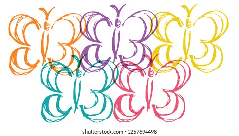 Cute Rainbow Color Set Collection of Beautiful Butterfly Insect Nature. Flat Line Icon, Sign, Symbol Isolated Background. Graphic Design Abstract Art, Elements, Vector Illustration EPS 10