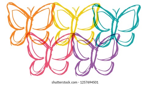 Cute Rainbow Color Set Collection of Beautiful Butterfly Insect Nature. Flat Line Icon, Sign, Symbol Isolated Background. Graphic Design Abstract Art, Elements, Vector Illustration EPS 10