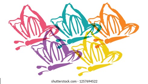 Cute Rainbow Color Set Collection of Beautiful Butterfly Insect Nature. Flat Line Icon, Sign, Symbol Isolated Background. Graphic Design Abstract Art, Elements, Vector Illustration EPS 10