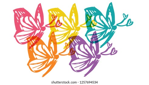 Cute Rainbow Color Set Collection of Beautiful Butterfly Insect Nature. Flat Line Icon, Sign, Symbol Isolated Background. Graphic Design Abstract Art, Elements, Vector Illustration EPS 10
