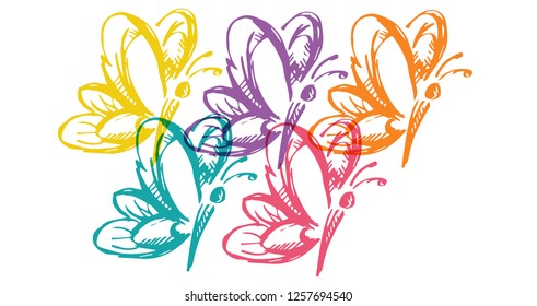 Cute Rainbow Color Set Collection of Beautiful Butterfly Insect Nature. Flat Line Icon, Sign, Symbol Isolated Background. Graphic Design Abstract Art, Elements, Vector Illustration EPS 10