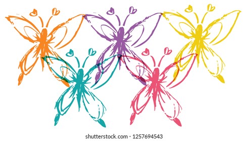 Cute Rainbow Color Set Collection of Beautiful Butterfly Insect Nature. Flat Line Icon, Sign, Symbol Isolated Background. Graphic Design Abstract Art, Elements, Vector Illustration EPS 10