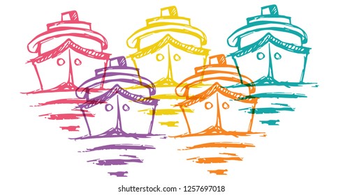 Cute Rainbow Color Set Collection of Marine Ship Boat Transporation. Flat Line Icon, Sign, Symbol Isolated Background. Graphic Design Abstract Art, Elements, Vector Illustration EPS 10