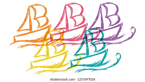 Cute Rainbow Color Set Collection of Marine Ship Boat Transporation. Flat Line Icon, Sign, Symbol Isolated Background. Graphic Design Abstract Art, Elements, Vector Illustration EPS 10