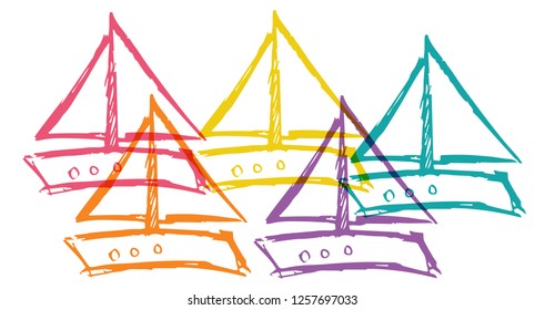 Cute Rainbow Color Set Collection of Marine Ship Boat Transporation. Flat Line Icon, Sign, Symbol Isolated Background. Graphic Design Abstract Art, Elements, Vector Illustration EPS 10