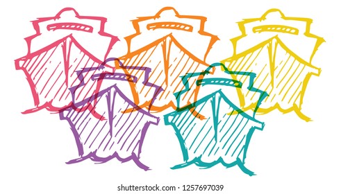 Cute Rainbow Color Set Collection of Marine Ship Boat Transporation. Flat Line Icon, Sign, Symbol Isolated Background. Graphic Design Abstract Art, Elements, Vector Illustration EPS 10