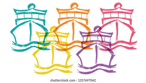 Cute Rainbow Color Set Collection of Marine Ship Boat Transporation. Flat Line Icon, Sign, Symbol Isolated Background. Graphic Design Abstract Art, Elements, Vector Illustration EPS 10