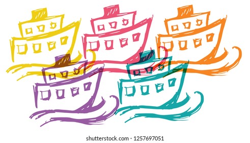 Cute Rainbow Color Set Collection of Marine Ship Boat Transporation. Flat Line Icon, Sign, Symbol Isolated Background. Graphic Design Abstract Art, Elements, Vector Illustration EPS 10