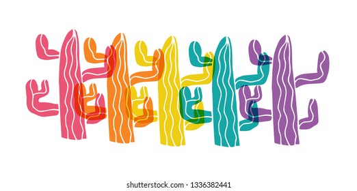 Cute Rainbow Color Set or Collection of Cactus Exotic Plant. Flat Line Icon, Sign, and Symbol on Isolated Background. Vector Illustration.