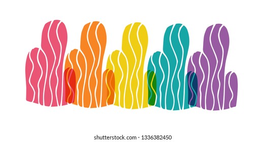 Cute Rainbow Color Set or Collection of Cactus Exotic Plant. Flat Line Icon, Sign, and Symbol on Isolated Background. Vector Illustration.