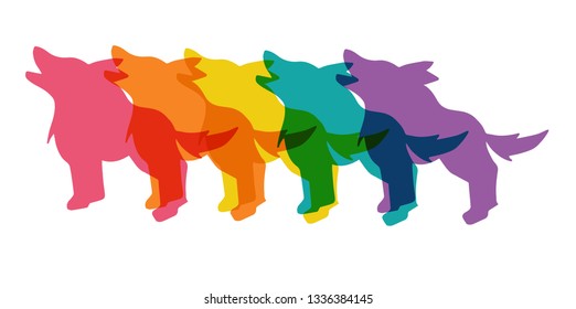 Cute Rainbow Color Set or Collection of Wolf Animal. Flat Line Icon, Sign, and Symbol on Isolated Background. Vector Illustration.