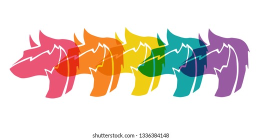 Cute Rainbow Color Set or Collection of Wolf Animal. Flat Line Icon, Sign, and Symbol on Isolated Background. Vector Illustration.