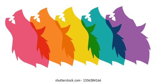 Cute Rainbow Color Set or Collection of Wolf Animal. Flat Line Icon, Sign, and Symbol on Isolated Background. Vector Illustration.