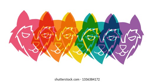 Cute Rainbow Color Set or Collection of Wolf Animal. Flat Line Icon, Sign, and Symbol on Isolated Background. Vector Illustration.
