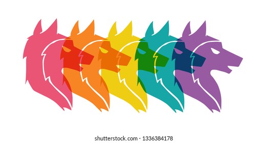 Cute Rainbow Color Set or Collection of Wolf Animal. Flat Line Icon, Sign, and Symbol on Isolated Background. Vector Illustration.
