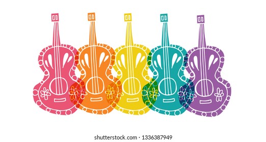 Cute Rainbow Color Set or Collection of Cinco De Mayo Guitar. Flat Line Icon, Sign, and Symbol on Isolated Background. Vector Illustration.