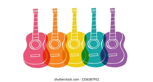 Cute Rainbow Color Set or Collection of Cinco De Mayo Guitar. Flat Line Icon, Sign, and Symbol on Isolated Background. Vector Illustration.