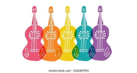 Cute Rainbow Color Set or Collection of Cinco De Mayo Guitar. Flat Line Icon, Sign, and Symbol on Isolated Background. Vector Illustration.