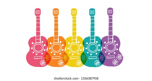 Cute Rainbow Color Set or Collection of Cinco De Mayo Guitar. Flat Line Icon, Sign, and Symbol on Isolated Background. Vector Illustration.