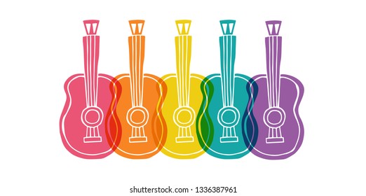 Cute Rainbow Color Set or Collection of Cinco De Mayo Guitar. Flat Line Icon, Sign, and Symbol on Isolated Background. Vector Illustration.